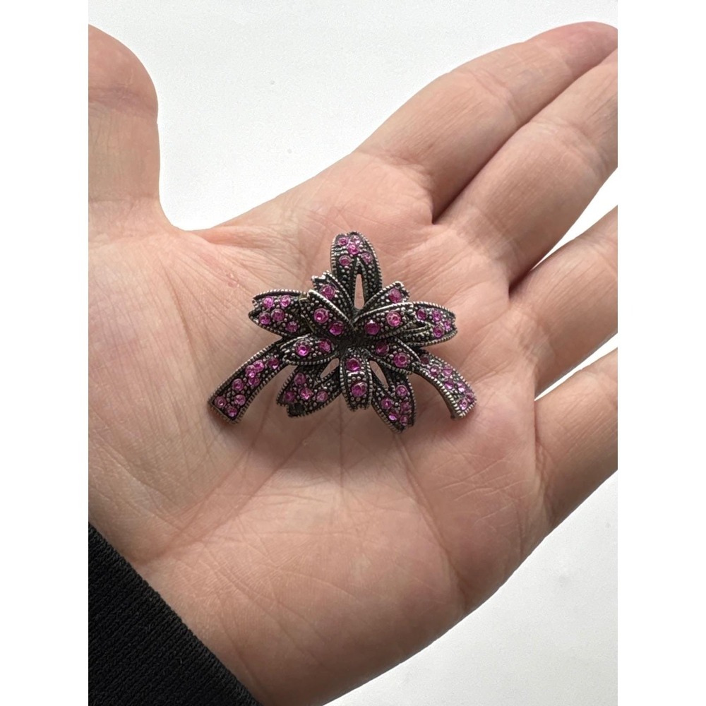 Vintage Pink Rhinestone Ribbon Bow Brooch‎ Silver Tone Antiqued Statement Pin
